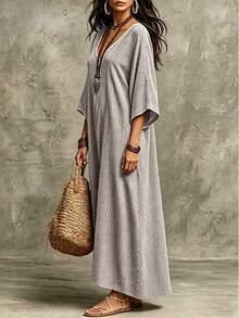 SHEIN Holidaya 女款休閒熱帶波西米亞風優雅度假條紋亞麻棉混紡洋裝，灰色格紋海灘秋季款 - 棕色 - 查看 3