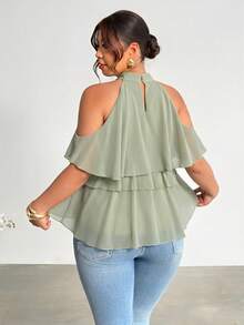 Firerie Plus Size Women Solid Color Casual Elegant Versatile Daily Wear Halter Neck Blouse Evening Party Wedding Guest Sage Green Summer - Green - View 3