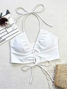 Bonvoyette Solid Color Backless Halter Neck Swimsuit Top For Vacation Beach - White - View 5