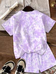 Young Girl Letter Cartoon Print Short Sleeve T-Shirt And Shorts Casual Daily Outfit - Multicolor - View 4