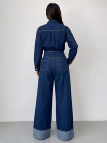 SHEIN EZwear 女款時尚通勤牛仔連身褲 秋季優雅街頭風休閒 Y2K 時尚基礎款 適合節慶返校外出旅行 海軍藍 - 藍色 - 查看 2