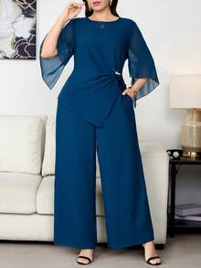 Reflora Conjunto de top y pantalones de unicolor elegante para ir al trabajo en talla grande - Azul - Ver 1