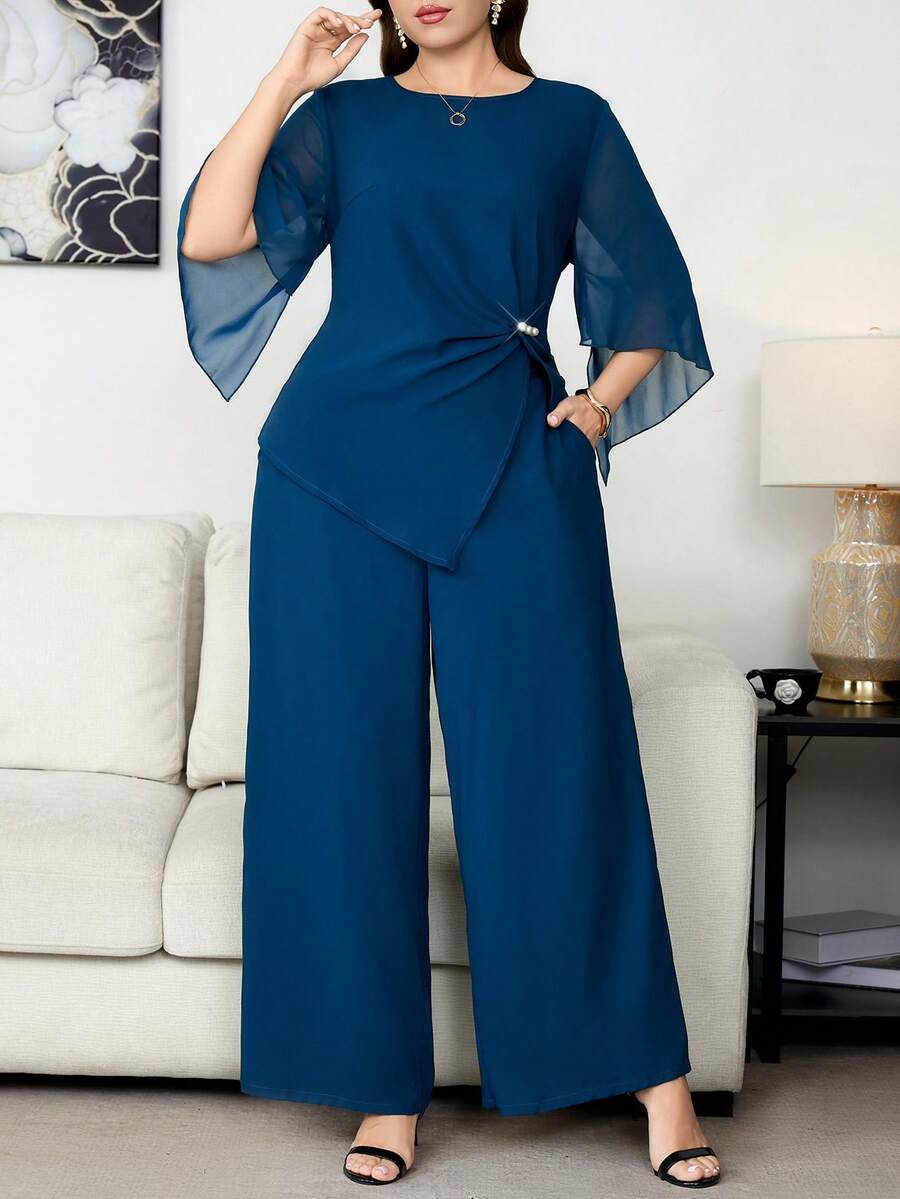 Reflora Conjunto de top y pantalones de unicolor elegante para ir al trabajo en talla grande - Azul - Ver 1