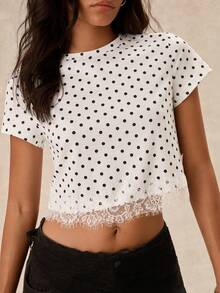 Easelle White Polka Dot Lace Patchwork Cropped T-Shirt For Women - Black and White - View 3