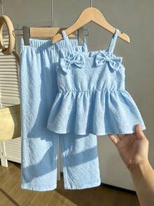 Souflis Souflis Young Girls Summer Cute Fresh 2 Pieces Set, 3D Bow Dress-Style Camisole Top + Loose Straight Wide Leg Pants, Suitable For Daily Wear, Travel, Vacation, Party, Gathering - Blue - View 5