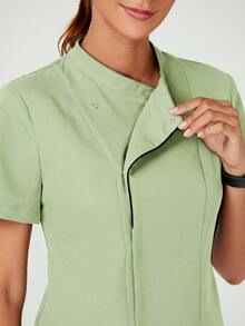 TaskEZ Blusa de trabajo de manga corta de unicolor para mujer - Verde - Ver 5