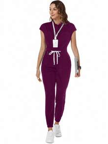 TaskEZ Mono uniforme de enfermería de unicolor con manga corta, bolsillo y cintura con cordón - Morado - Ver 4