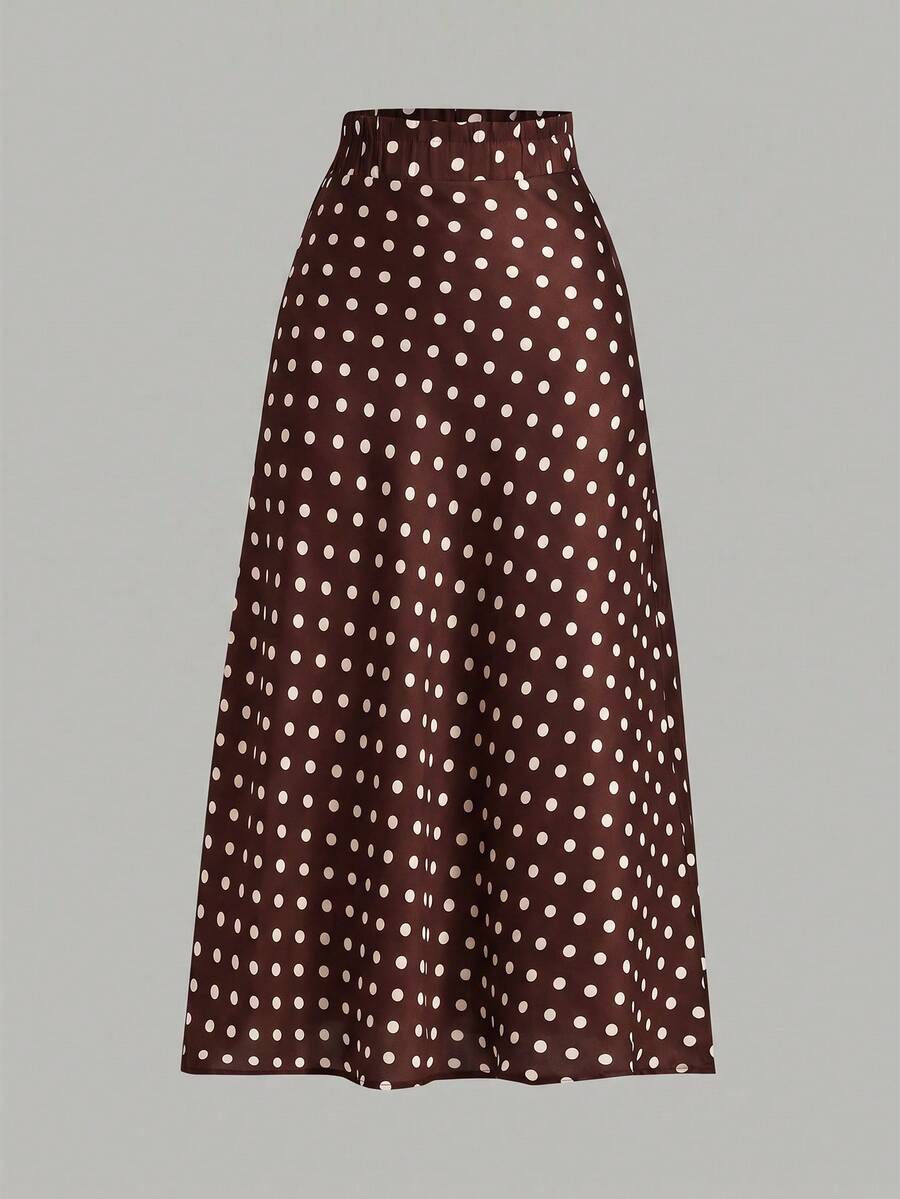 SHEIN Girlism Tween女孩休閒日常百搭舒適修身波點緞面長裙 - 咖啡棕 - 查看 1