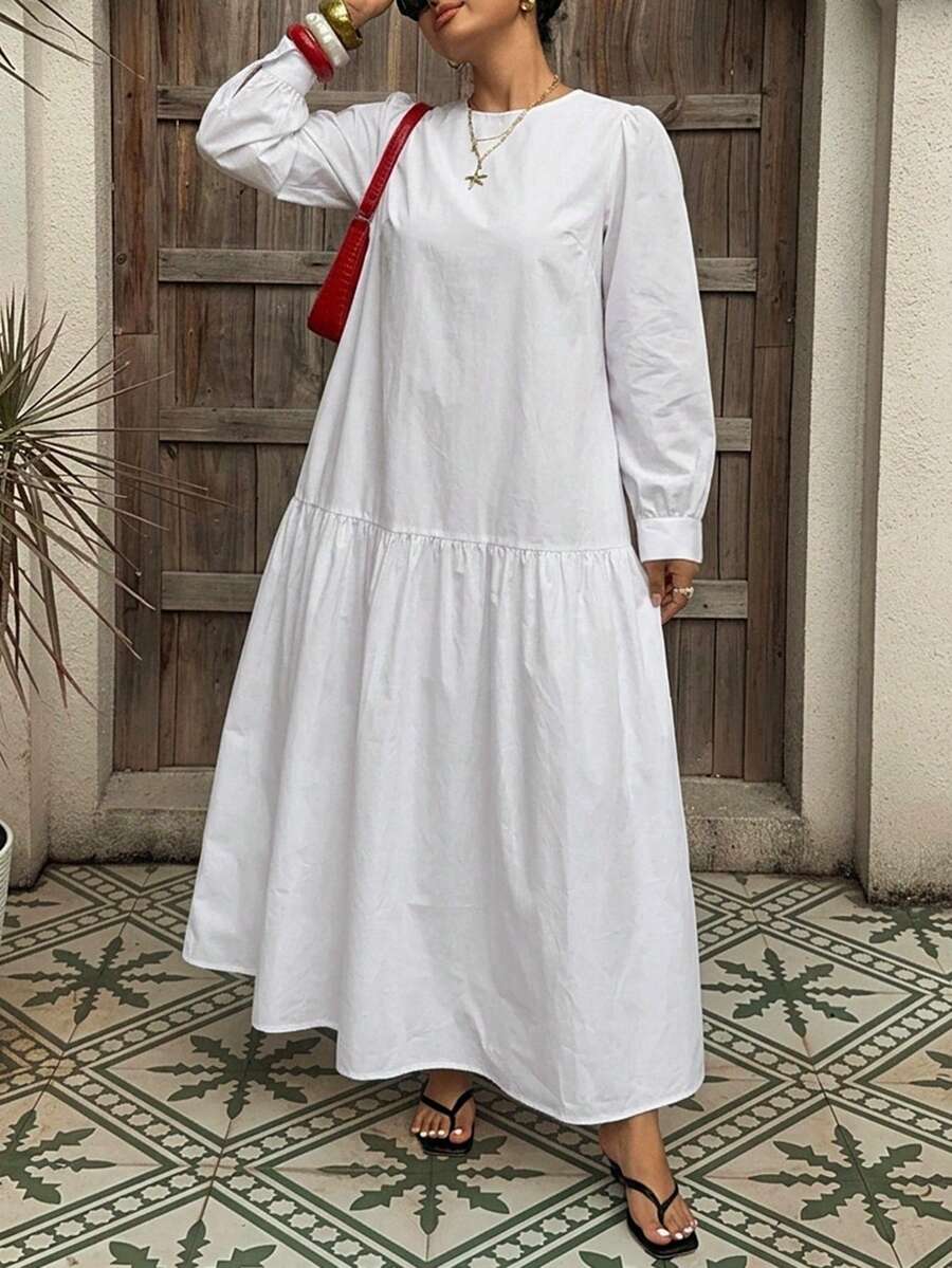 Dazy Plus 圓領純色休閒度假風白色長洋裝 大尺碼女款春夏洋裝 - 白色 - 查看 1