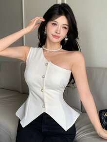 DAZY Women's Summer Autumn Asymmetric Shoulder Sleeveless Waist-Cinching Pearl Button Decor Solid Color Blouse - White - View 7