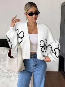 Siren Gaze 女款三葉草紋理落肩長袖休閒美學針織開襟衫，白色花卉，適合早午餐、約會與日常穿著，秋季款 - 白色 - 查看 3