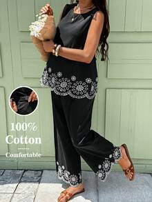 SHEIN 2件組孕婦度假刺繡背心與可調腰圍休閒常規長褲套裝，黑色，夏季 - 黑與白 - 查看 1
