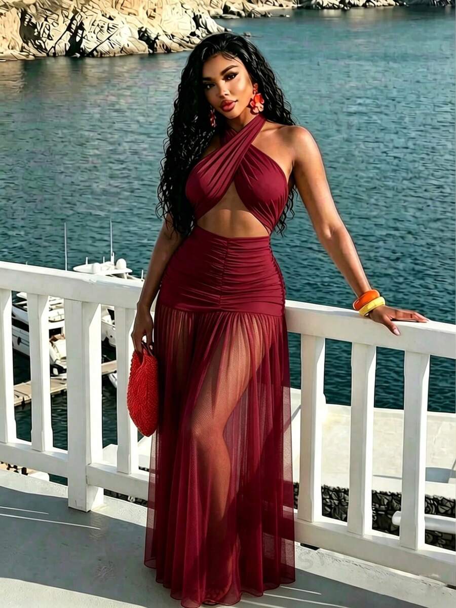 BamGleam Women's Ultra Long Floor-Length Halter Neck Mesh Ruched Backless Dress - Burgundy - View 1