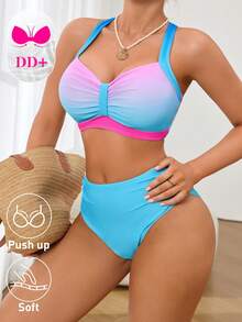 Voyashape DD+ Series Push-Up Soft Cup Bikini Set, Women's Blue Gradient Print Suitable For Summer Casual Beach Holiday Vacation Swimwear, Large Bust Two Pieces Set With Removable Bra Pads - Multicolor - View 1