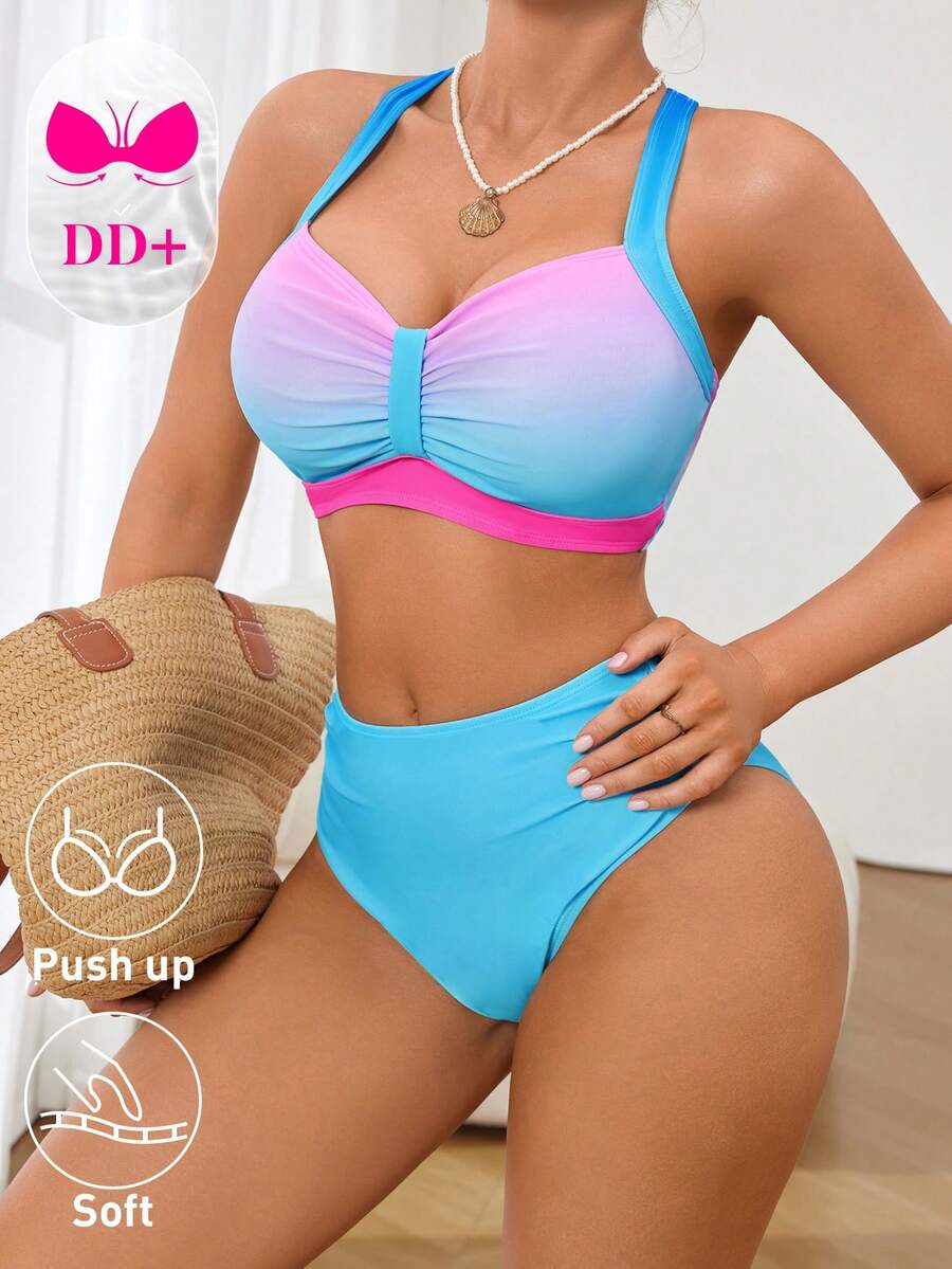 Voyashape DD+ Series Push-Up Soft Cup Bikini Set, Women's Blue Gradient Print Suitable For Summer Casual Beach Holiday Vacation Swimwear, Large Bust Two Pieces Set With Removable Bra Pads - Multicolor - View 1