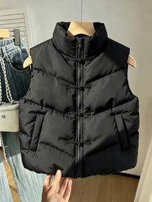 SHEIN 青少年女孩休閒百搭菱格紋填充立領短版背心，秋冬款 - 黑色 - 查看 6