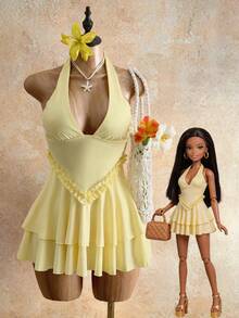 Mistrie Vestido de cuello halter con volantes en el bajo para vacaciones de verano para mujer - Amarillo - Ver 1