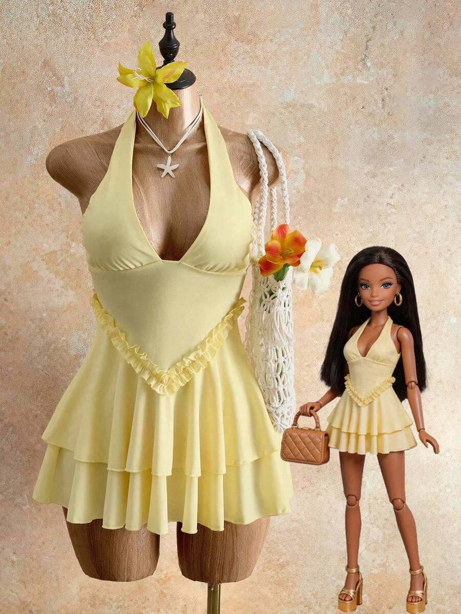Mistrie Vestido de cuello halter con volantes en el bajo para vacaciones de verano para mujer - Amarillo - Ver 1