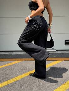 Coolane 女款秋季街頭風外出演唱會 Y2K 牛仔女郎休閒復古水洗鉚釘寬腿牛仔褲 低腰棉質香蕉哈倫褲 - 黑色 - 查看 7