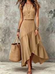 SHEIN Conjunto Feminino Romântico e Elegante de 2 Peças com Decote Redondo, Cintura Alta, Silhueta A, Babados, Decoração Plissada Assimétrica para Trabalho, Escritório Diário, Viagem, Casual, Férias e Festa