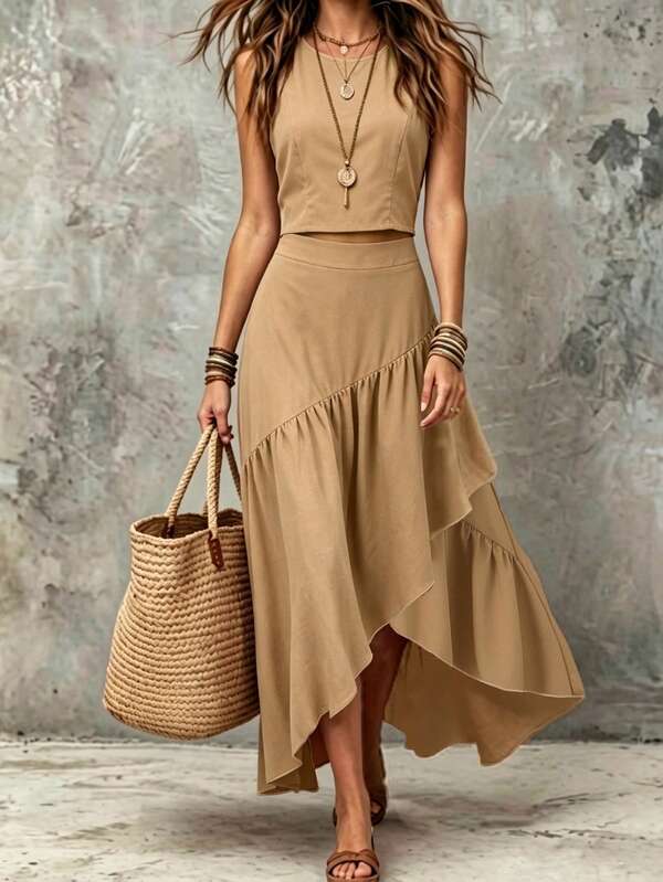 SHEIN Conjunto Feminino Romântico e Elegante de 2 Peças com Decote Redondo, Cintura Alta, Silhueta A, Babados, Decoração Plissada Assimétrica para Trabalho, Escritório Diário, Viagem, Casual, Férias e Festa