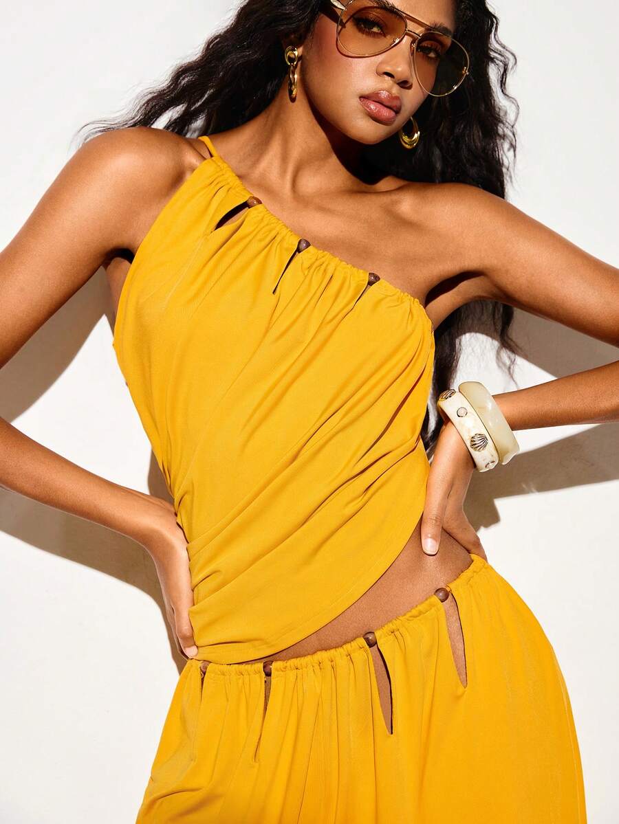 Femmeiva Summer Asymmetric Shoulder Ruched Tropical Sexy Tank Top Neck Strap Slim Fit Elastic Knit Beach Vacation Mustard Yellow - Yellow - View 1