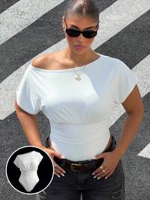 Muchica Plus Size Women's Asymmetrical Shoulder Solid Color Bodysuit Suitable For Commuting Bussines Semi Formal Outings Daily Wear White Summer Baggy Casual - White - View 3