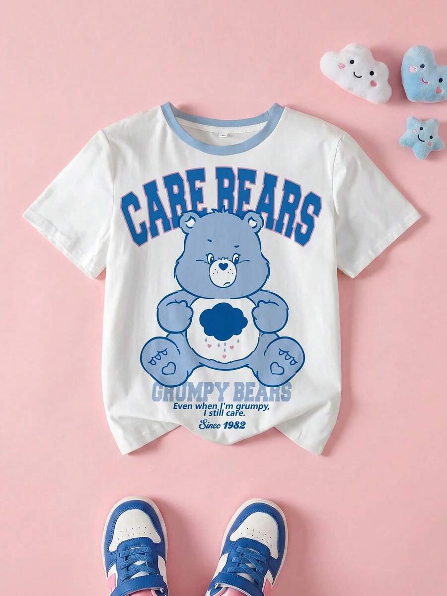 SHEIN X Care Bears 青少年女孩圓領字母卡通印花休閒百搭日常出遊短袖T恤 - 白色 - 查看 1