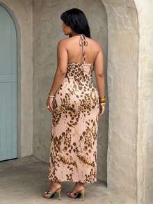 Rustia Plus Size Sexy 70's Hollow Lace Patchwork Slit Bodycon Dress, Vacation Style Party Date Night Beige Summer - Apricot - View 2