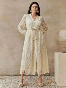 Anewsta Elegant Fashion Small Stand Collar Embroidered Lace Slim Waist Plus Size Women Dress, Spring/Summer - Apricot - View 4