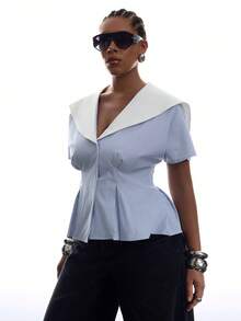 LYSMO Plus Size Women's Summer Striped Sailor Collar Short Sleeve Pleated Hem Blouse Back-To-School Graduation Blue And White Sailor - Multicolor - View 4