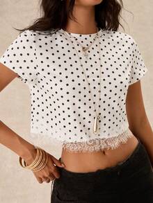 Easelle White Polka Dot Lace Patchwork Cropped T-Shirt For Women - Black and White - View 5