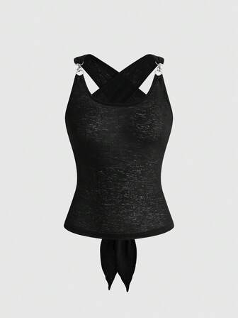 Goth Top de tirantes sexy negro sin espalda para mujer con cierre de langosta de metal, cuello halter con tiras cruzadas, primavera/verano