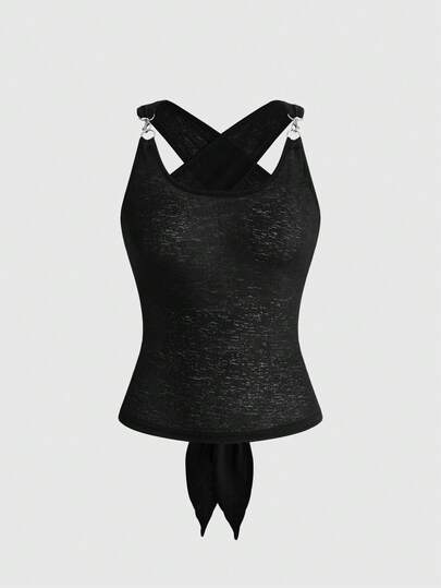 Goth Canotta sexy nera da donna con schiena scoperta, chiusura a moschettone in metallo, spalline incrociate con laccio al collo, primavera/estate