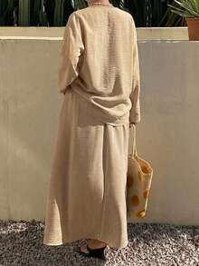 Dazy Plus Ensemble chemise et jupe en lin style minimaliste Old Money, tenue élégante et décontractée 2 pièces pour femmes, printemps/automne - Kaki - Voir 3