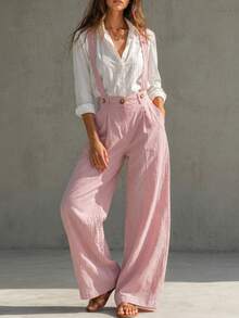 Solivie Women's Textured Sweet Button Pocket Pleated Suspender Pants Fashion - Pink - View 2