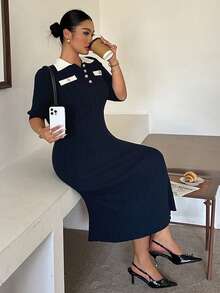 Dazy Plus Gaun Sweater Ukuran Plus Elegan dengan Kerah Kontras Warna, Kantong Palsu, Bodycon Minimalis, Seksi, Menyenangkan, Cocok untuk Perjalanan Musim Semi, Musim Panas, dan Musim Gugur. - Royal Blue - View 3