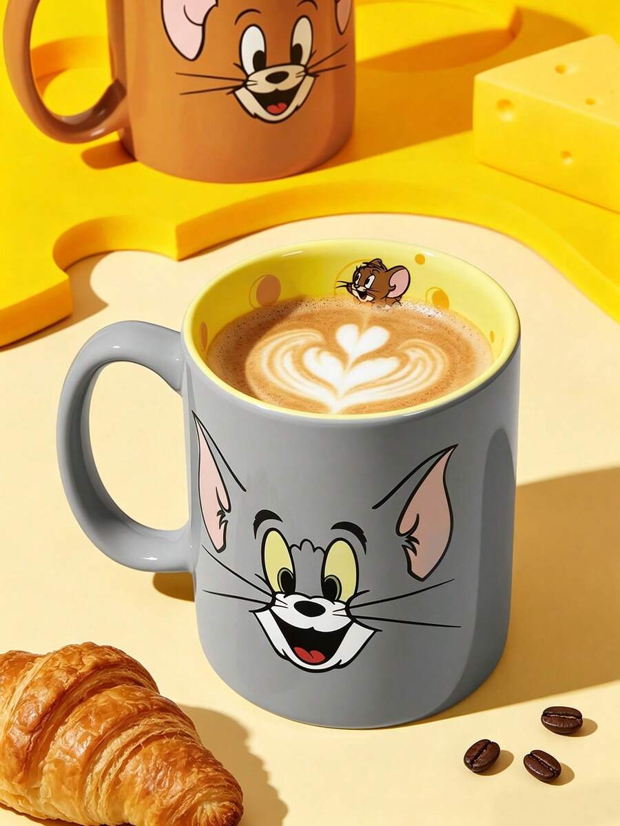 TOM & JERRY X SHEIN 卡通貓鼠陶瓷馬克杯,13.53oz/400ml 創意咖啡杯,內壁印有起司圖案,適合粉絲、居家、辦公室及送禮 - 灰色 - 查看 1