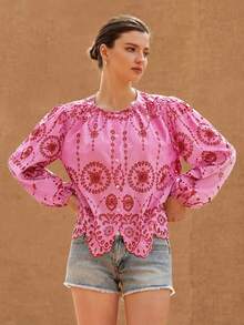 Frievida 女款圓領刺繡飾邊長袖襯衫 - 粉色 - 查看 5