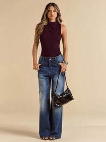 SHEIN BAE Spring/Summer Solid Black Backless Sexy Cutout Asymmetric Shoulder Ruched Elegant Sleeveless Bodysuit For Women, Summer Bodysuit - Maroon - View 6