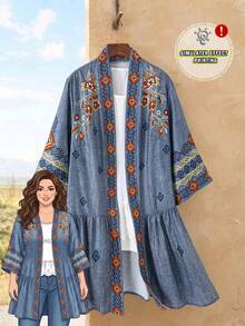 Rusticease Plus Size Allover Print Notched Neck 3/4 Sleeve Ruffle Trim Open Front Coat Fall Winter 2026 - Multicolor - View 1