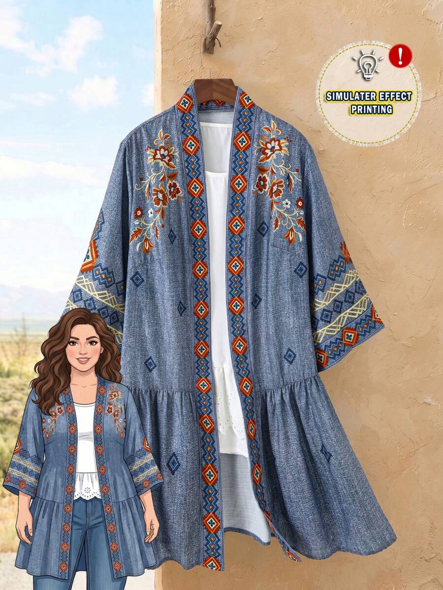 Rusticease Plus Size Allover Print Notched Neck 3/4 Sleeve Ruffle Trim Open Front Coat Fall Winter 2026 - Multicolor - View 1