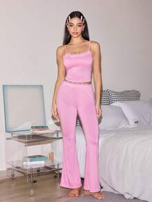 Lowkey Lull Set pigiama estivo da donna in pizzo stile Y2K con canotta e pantaloni lunghi con bordi a contrasto, set loungewear - Rosa - Visualizzare 6