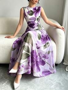 Modelyn 橘色大花卉植物圖案法式風長洋裝，女款低領無袖收腰長裙，抓皺腰部設計，淺杏色雪紡花卉洋裝，夏季度假風穿搭，優雅日常穿著 - 彩色 - 查看 3