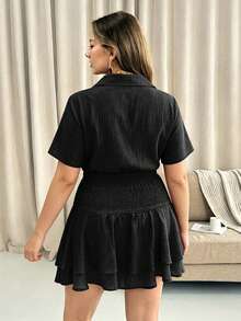 Vionelle Plus Size Women's Elegant Casual Solid Color Pleated Short Two Pieces Set For Spring And Summer Vacation Black Date Vacation Vacation Night Formal - Black - View 3