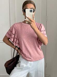 Serisse 女款圓領鏤空刺繡荷葉袖休閒T恤 - 粉色 - 查看 5