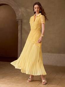 MOTF PREMIUM WOMEN'S AUTUMN/WINTER LACE EMBROIDERED HEM CHIFFON PLEATED PATCHWORK WAIST-CINCHING DRESS - Light Yellow - View 5