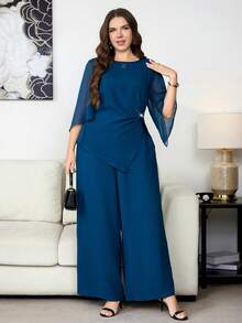 Reflora Conjunto de top y pantalones de unicolor elegante para ir al trabajo en talla grande - Azul - Ver 7