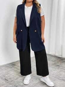 SHEIN CURVE+ 大尺碼翻領雙排扣背心西裝外套 工作服 畢業返校穿搭 - 藏蓝色 - 查看 5