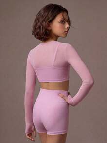 SHEIN 少女粉色三件套运动套装——背心、短裤和运动上衣组合，高弹亲肤面料，适合舞蹈训练、瑜伽练习和日常运动。 - 粉色 - 查看 3